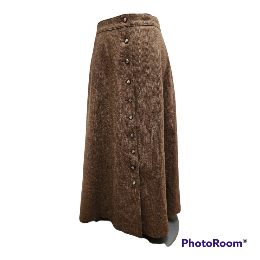 Pioneer Wear brown herringbone wool tweed maxi skirt sz 12 cottagecore